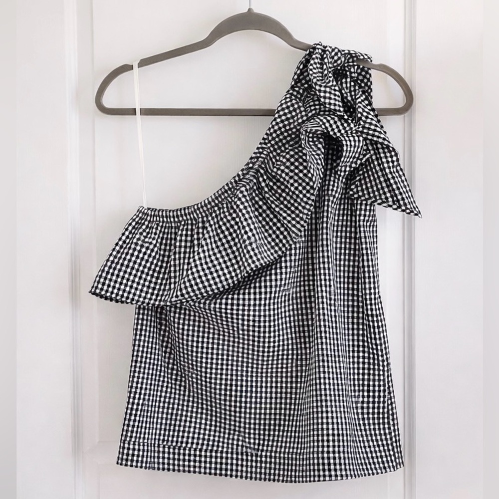 Vineyard Vines Gingham One Shoulder Ruffle Bow Top Black White Size 6